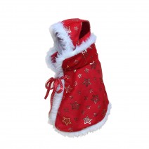 Christmas Costume Pet Cloak with Hat and Stars Printing Soft and Thick Red Warm Apparel for Pets Funny Pet Dressing Up For Christmas Festival Party