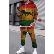 Men's Lion Print Pocket Hoodie and Sweatpants Sport Suit