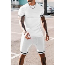 White Striped Short Sleeve T-shirt and Drawstring Shorts Men's Set