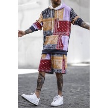 Men's Pattern Print Color Block Long Sleeve Hoodie and Shorts Suit